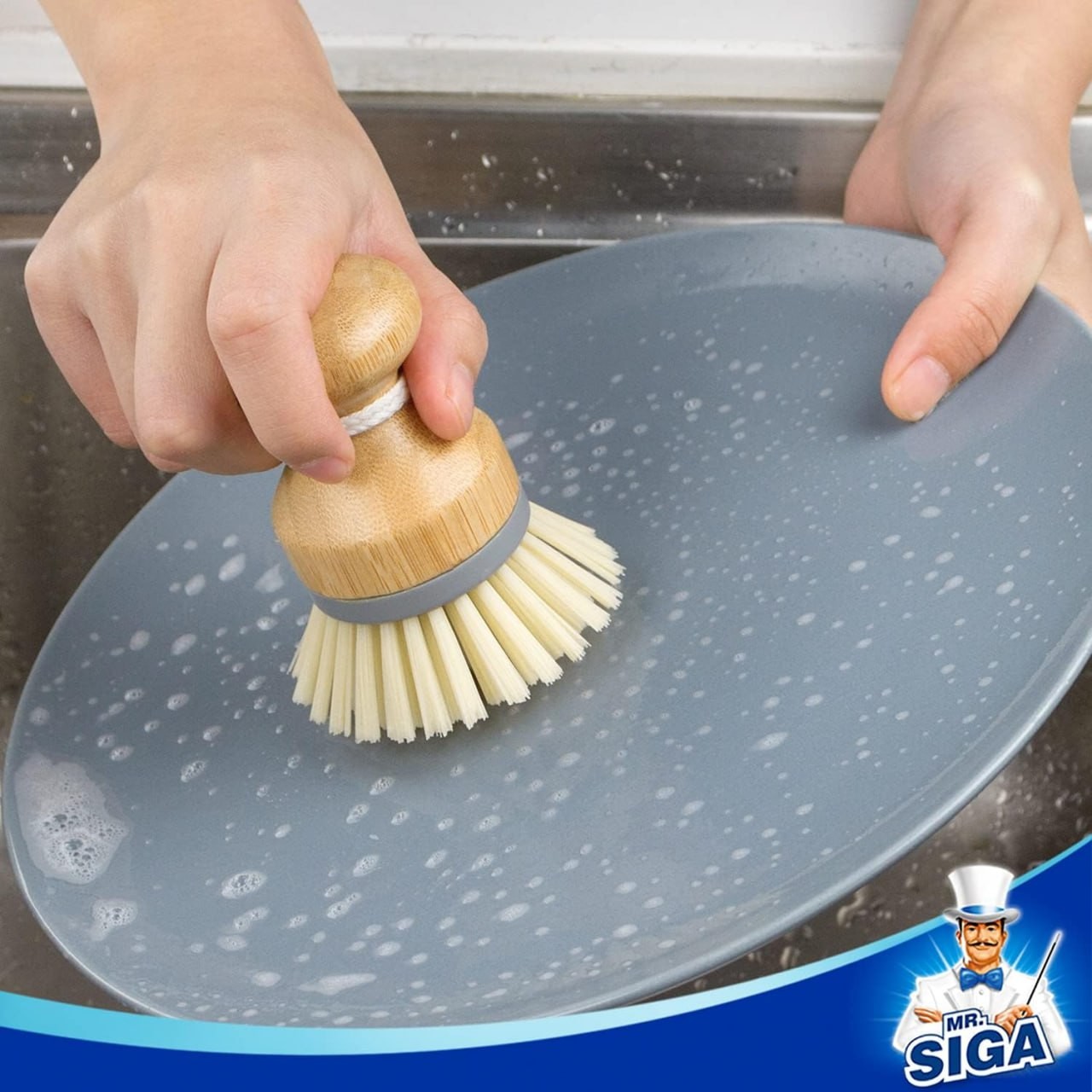 MR.SIGA Bamboo Palm Brush, Scrub Brush for Dishes Pots Pans Kitchen Sink Cleaning, Pack of 2
