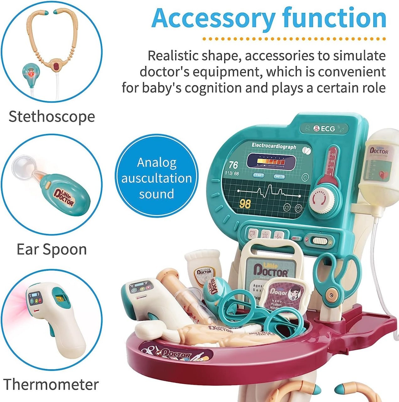 Deejoy Toy Doctor Kit for Kids , Pretend Medical Station Set for Boys & Girls，24 Accessories Mobile Cart with Lights, Eye Chart,, Thermometer, Stethoscope, Pulse