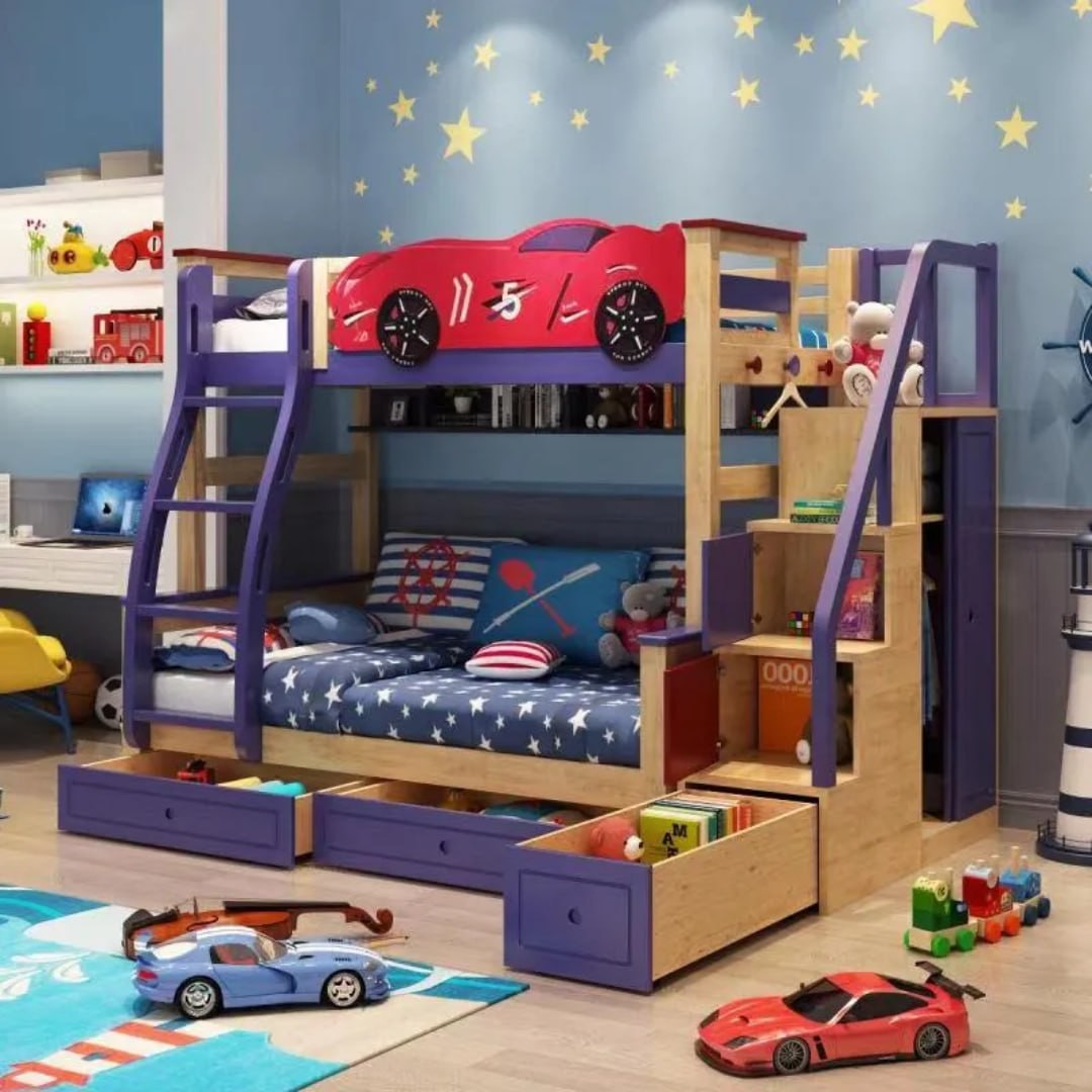 Kids Bunk Bed Wooden Bunk Bed with Slide Bunk Bed with Storage for Boy Children Kids Bedroom Wood Carton Box Optional Modern