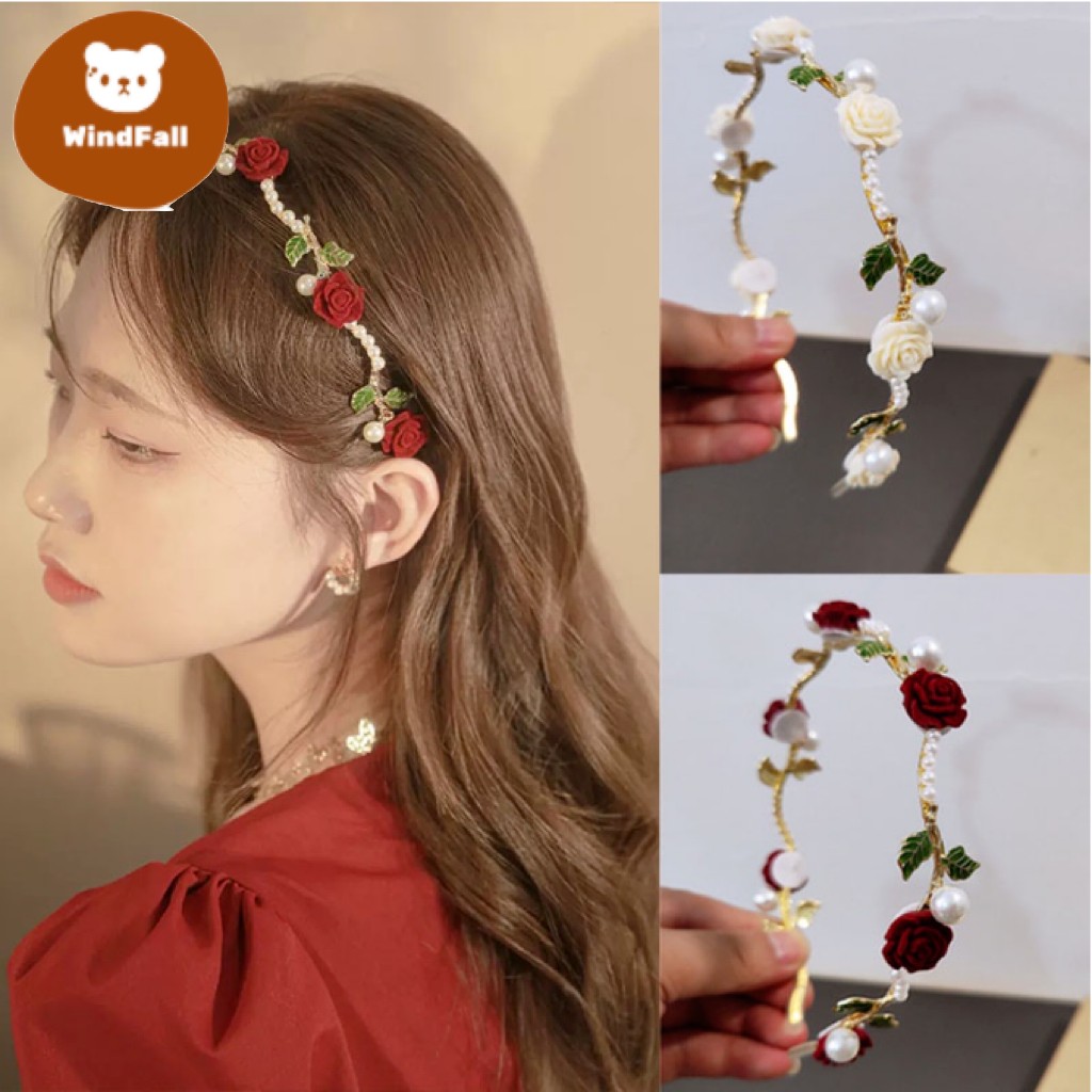 Korean Version Elegant Pearl Hair Band Flowers Headband Leaves Rose Pressure Hairbands WF