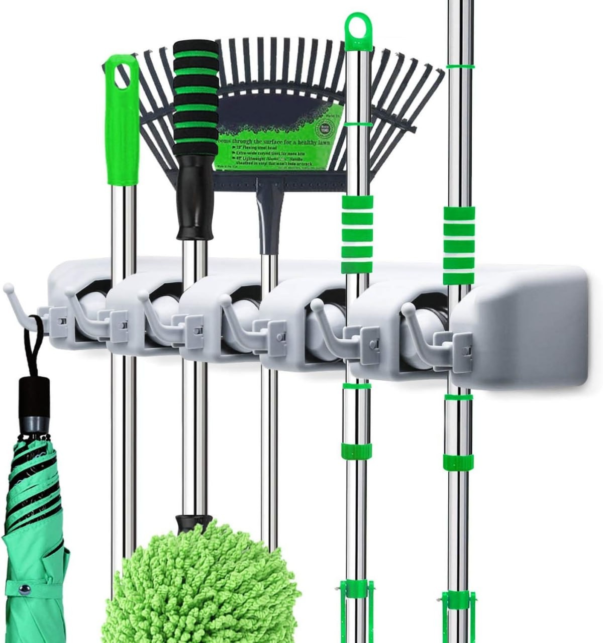 LETMY Broom Holder Wall Mounted - Mop and Broom Hanger Holder - Garage Storage Rack & Garden Tool Organizer - 5 Position 6 Hooks for Home, kitchen, Garden,