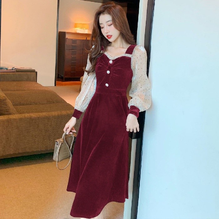 PiggyGirl-French Retro Velvet Dress Women's Long Spring Dress New Hepburn Wind Light Luxury Temperament Skirt Women Tide