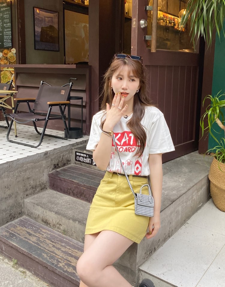 SUNTEKBerry large custom retro contrast color printing round neck T-shirt loose age-reducing short-sleeved top women