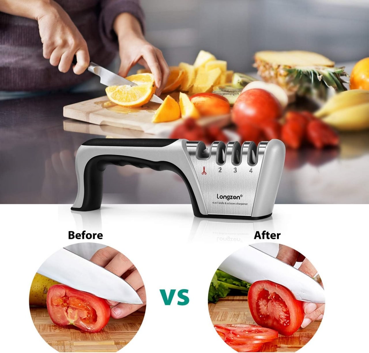 4-in-1 longzon [4 stage] Knife Sharpener with a Pair of Cut-Resistant Glove, Original Premium Polish Blades, Best Kitchen Knife Sharpener Really Works for Cer