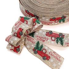 Christmas Linen Ribbons Decoration Merry Christmas Truck Xmas Tree Printing Bow Wrapping Ribbon For Gifts Christmas Tree Pendant