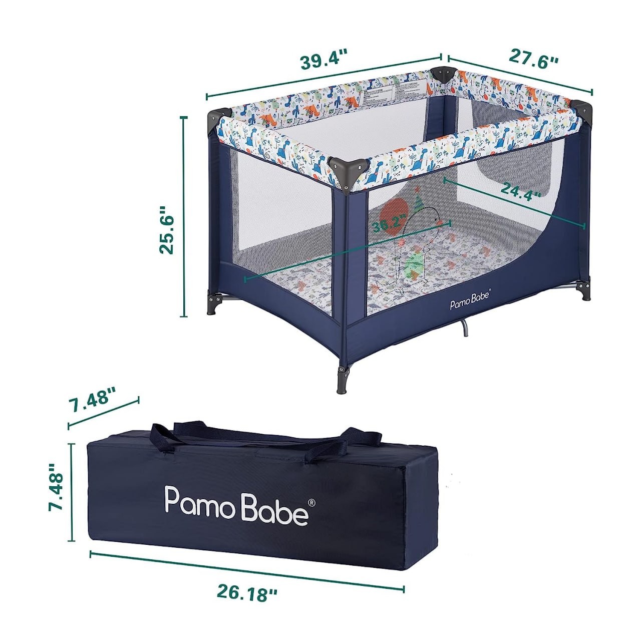 Pamo Babe Portable Crib with Mattress，Foldable Baby Playpen with Carry Bag (Blue)
