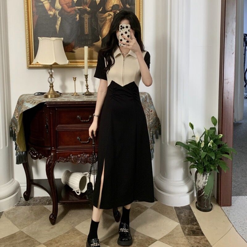 korean plain black long polo dress plus size sunday semi formal dress xl slit dress for woman casual