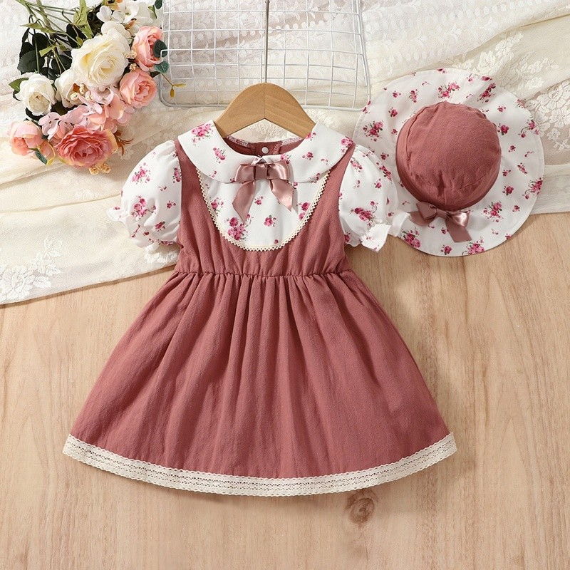 BCBL Baby Girl Dress Floral Print Splicing Dress with Hat 2Pcs Set Baby Girl Ootd Dress Red