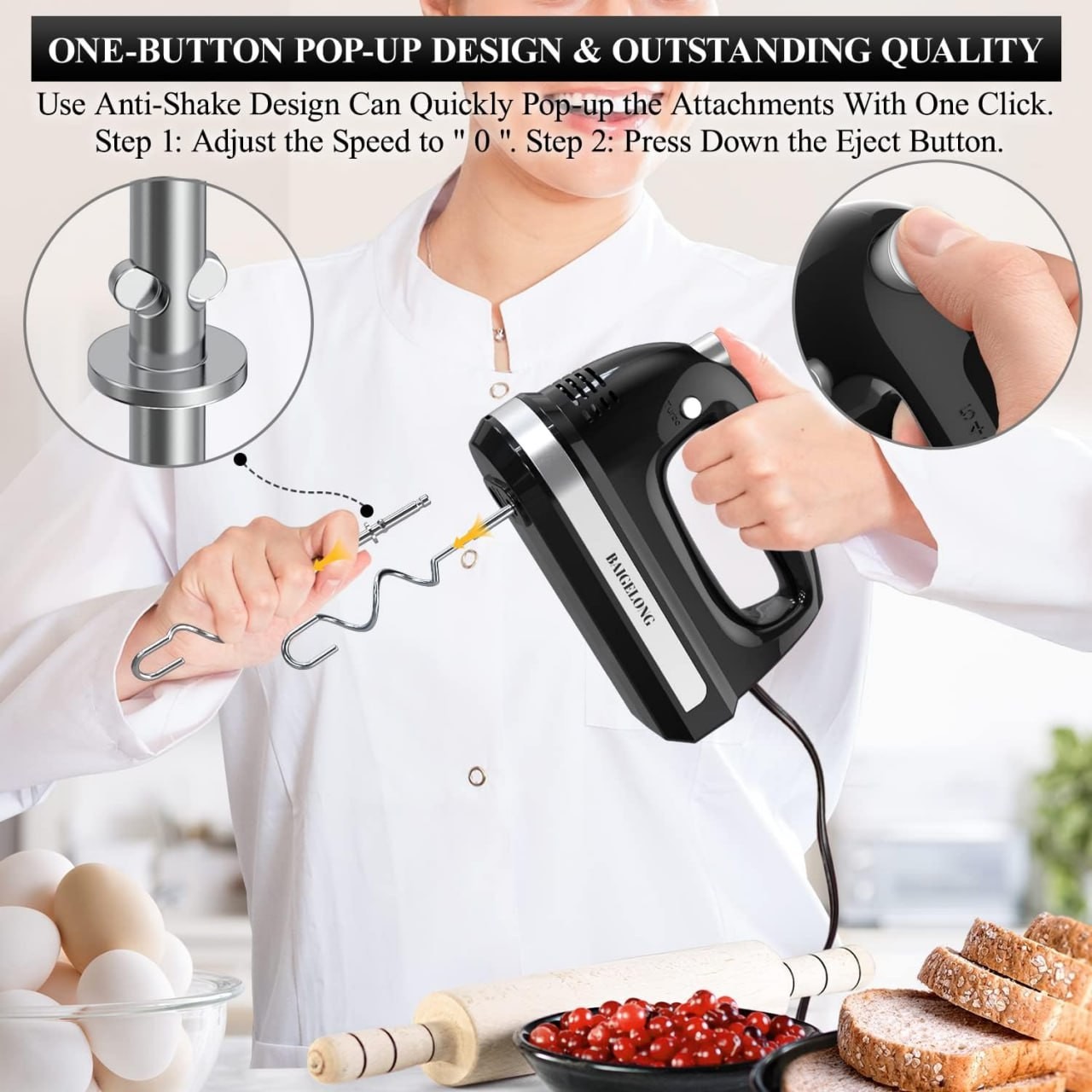 BAIGELONG Hand Electric Mixer, 300W Ultra Power Food Kitchen Mixer with 5 Self-Control Speeds + Turbo Boost, 5 Stainless Steel Attachments Handheld Mixer f