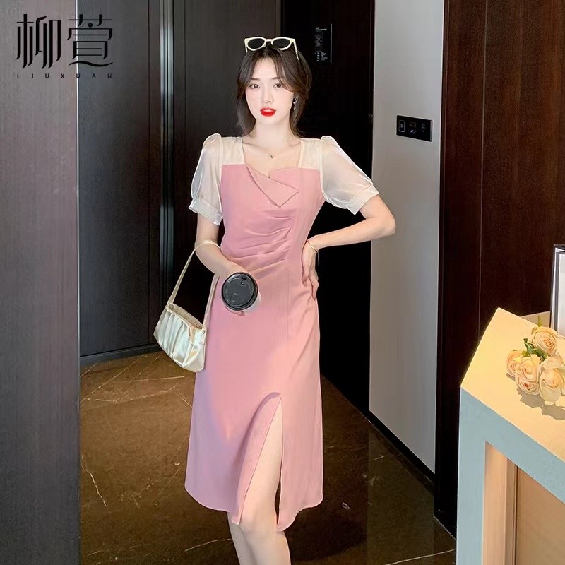 Womens Elastic short sleeve round neck plain solid color dress outdoor party office wear
