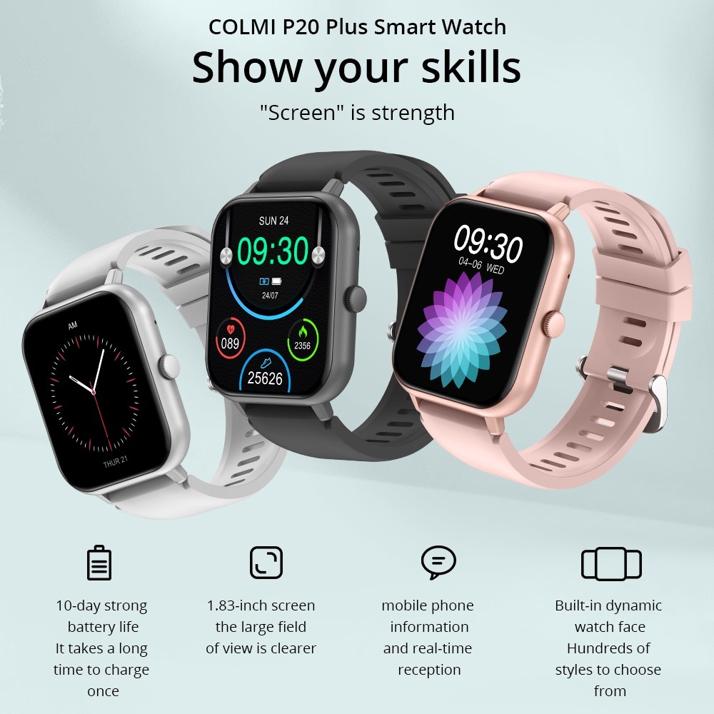 COLMI P20 PLUS Smart Watch Calculator Bluetooth Calling IP67 Waterproof Heart Rate Games 20 MM Silicone Strap