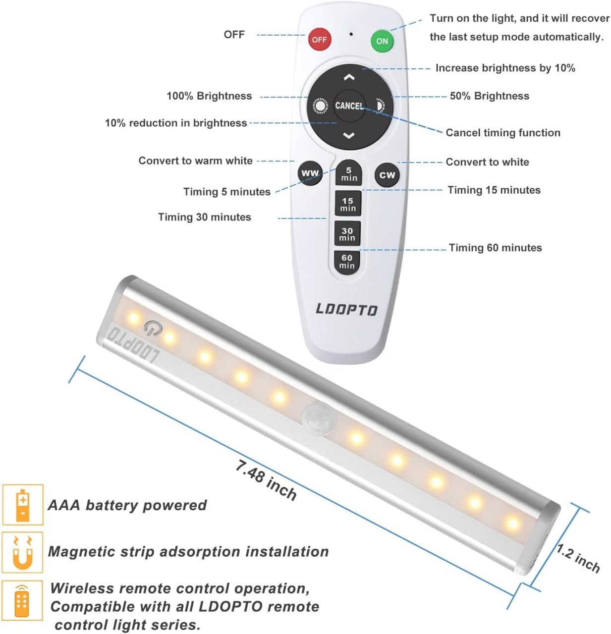 LDOPTO Battery Operated Lights Wireless Under Cabinet LED Closet Lights Under-Counter Light fixtures Without Wiring with RemoteTouch Control for Kitchen Shelf H