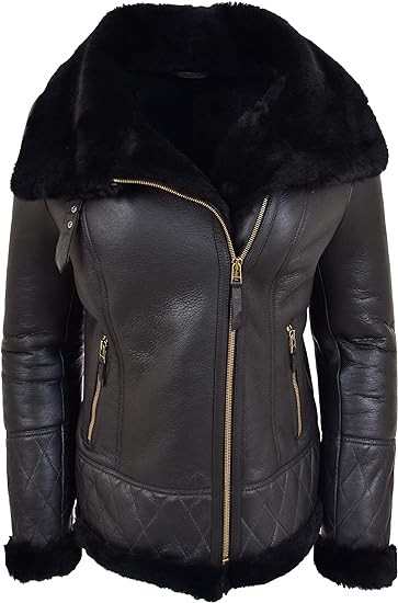 A1 FASHION GOODS Womens Genuine Sheepskin Jacket Double Face Black Merino Shearling Aviator Coat - Alexa