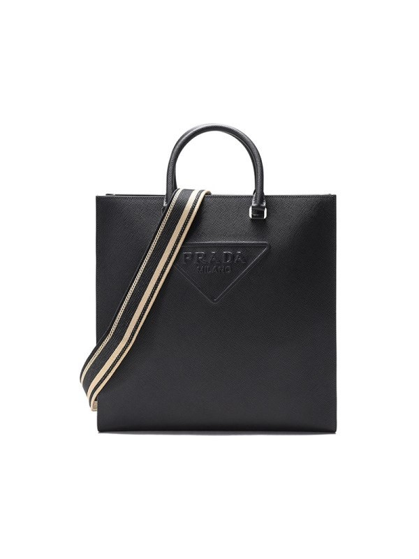 PRADA Men's Saffiano Collection Leather Handle Shoulder Messenger Bag Tote Bag Shopping Bag 2VG084 2FAD F0002-V-DOO-Black Embossed Logo