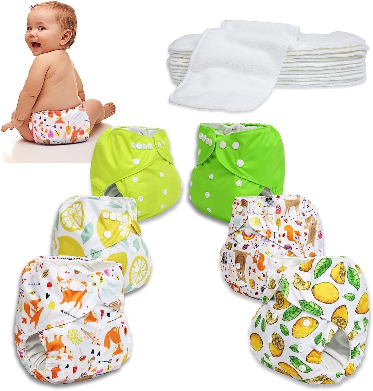 OOPIEZ Reusable Cloth Pocket Diapers for Babies Toddlers One Size Adjustable Washable Newborn Cloth Diaper Covers 6 Pack with 12 Microfiber Inserts for Baby Boy and Girl