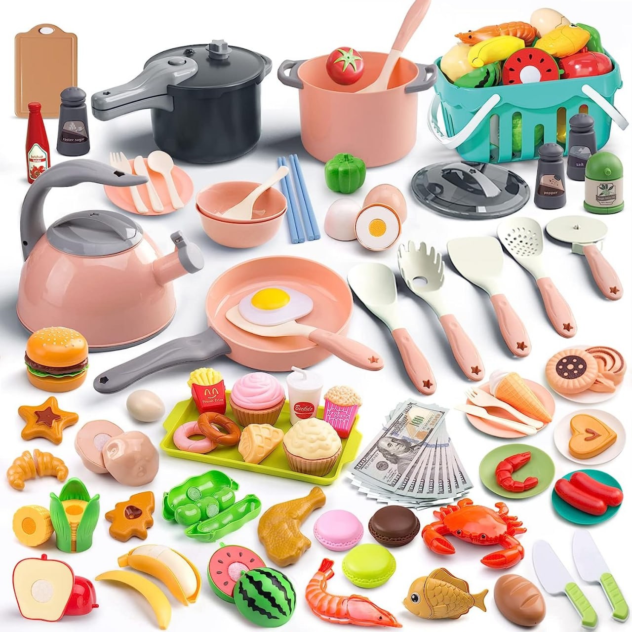 Funpynani 130Pcs Kitchen Playset, Toddler Pretend Cooking Play Pots, Pans, Utensils Cookware, Daily Food Fruit Veges, Shopping Storage Basket, Dessert, Prop Money