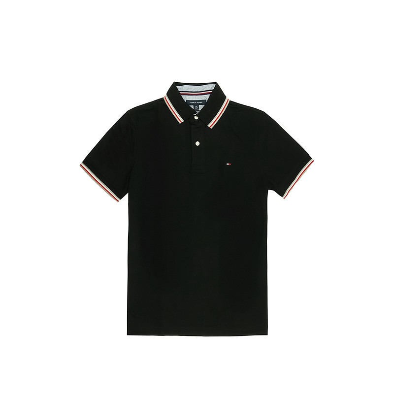 [US direct purchase] Tommy Hilfiger Tommy Hilfiger men's Polo shirt men's left chest small logo collar double stripe black short-sleeved polo shirt piqué