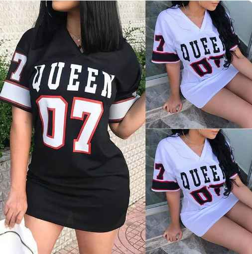 2023 New Fashion V-Neck Queen Letters Print Dress Short Sleeve Basketball Sporty Style Sexy Loose Female Clothing Streetwear