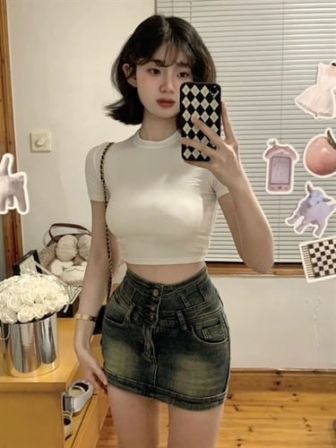 Pure Desire Spice Girls Front Shoulder Short Sleeve T-Shirt Sexy Hip Short Skirt Denim Half Skirt Set