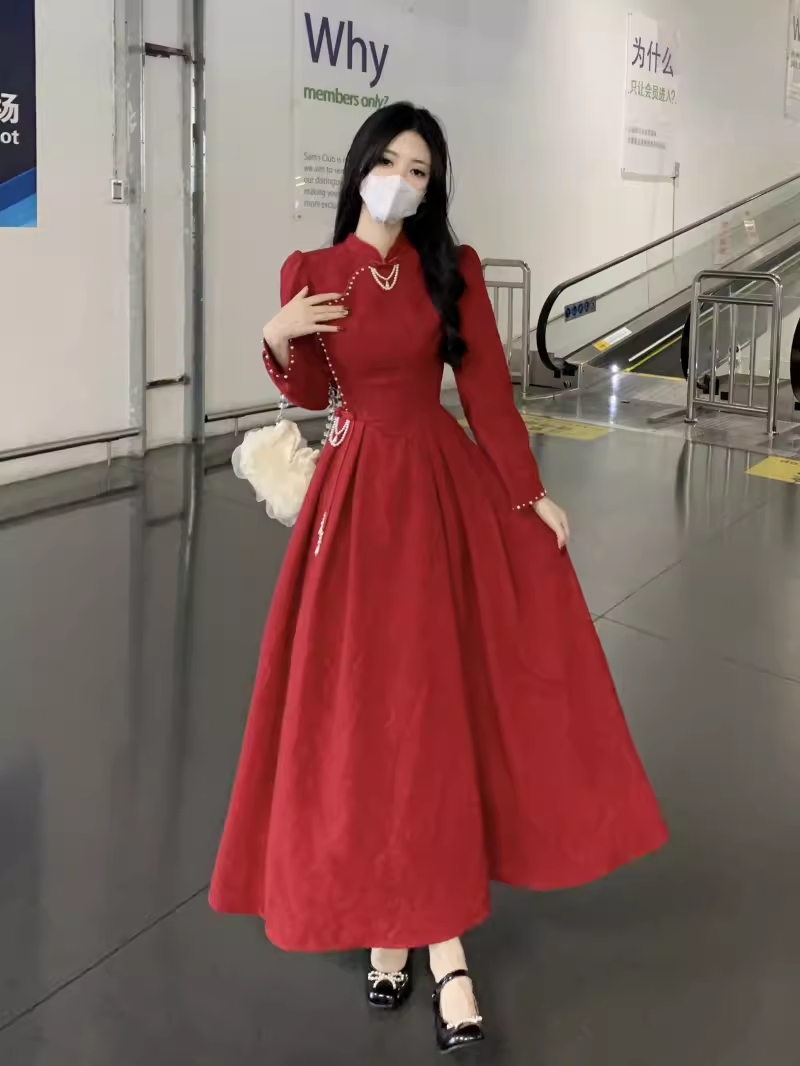 Auntie's new Chinese style improved cheongsam dress for women in autumn and winter, fat mm, slim temperament red toast dress
