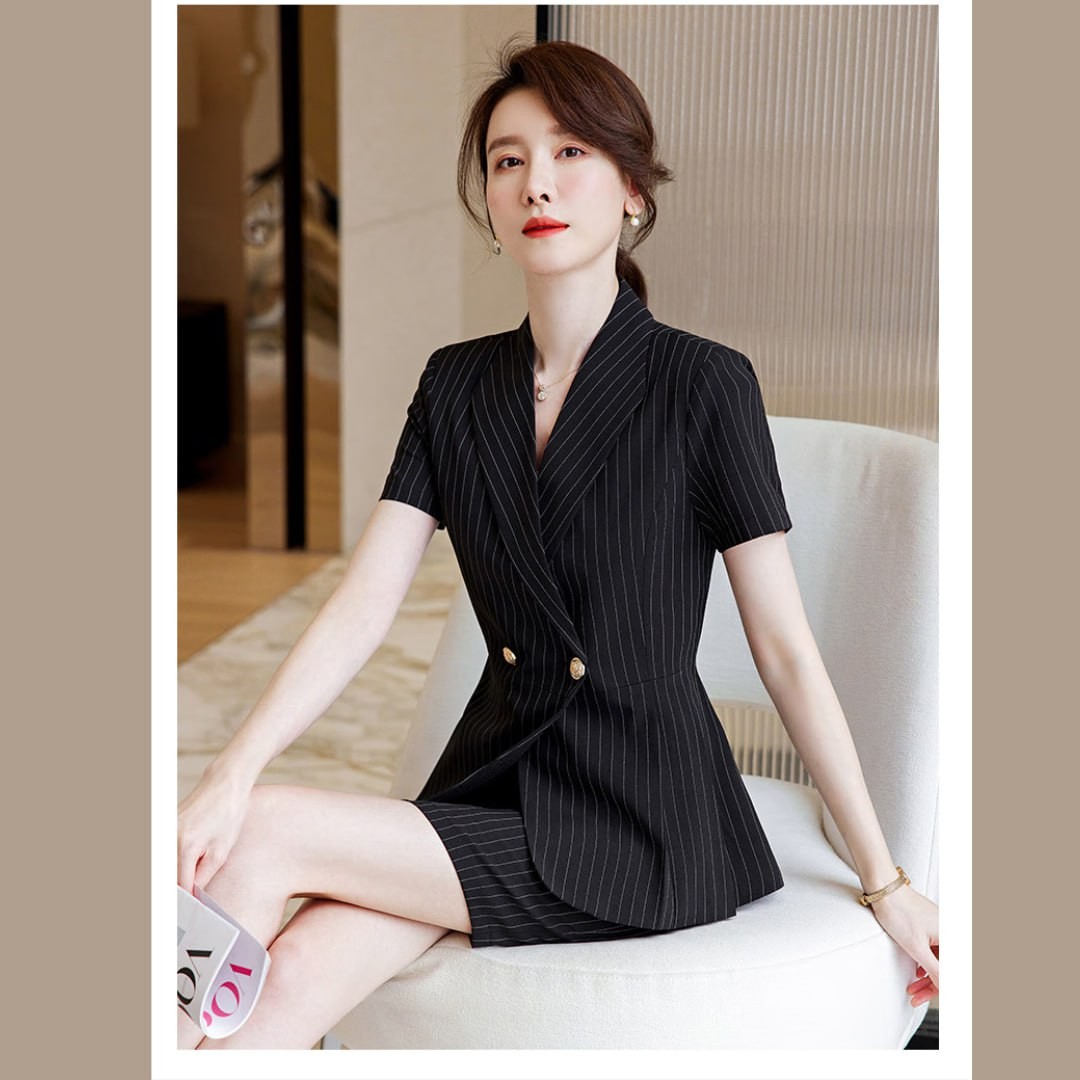 MUQIJIU (MUQIJIU) light luxury brand women's professional wear women's suit suit women's short-sleeved summer professional wear temperament formal suit navy blue striped suit + skirt 4XL