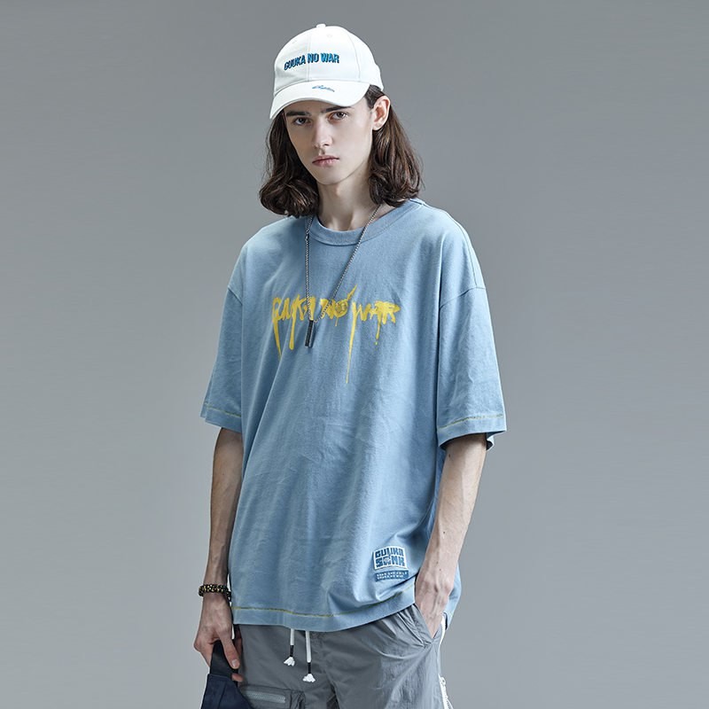 GUUKA SANK Zangke joint blue short-sleeved T-shirt men's trendy brand printing sports five-quarter sleeve TEE loose