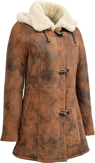 A1 FASHION GOODS Genuine Sheepskin Duffle Coat For Womens 3/4 Long Hooded Cognac Shearling Jacket Armas