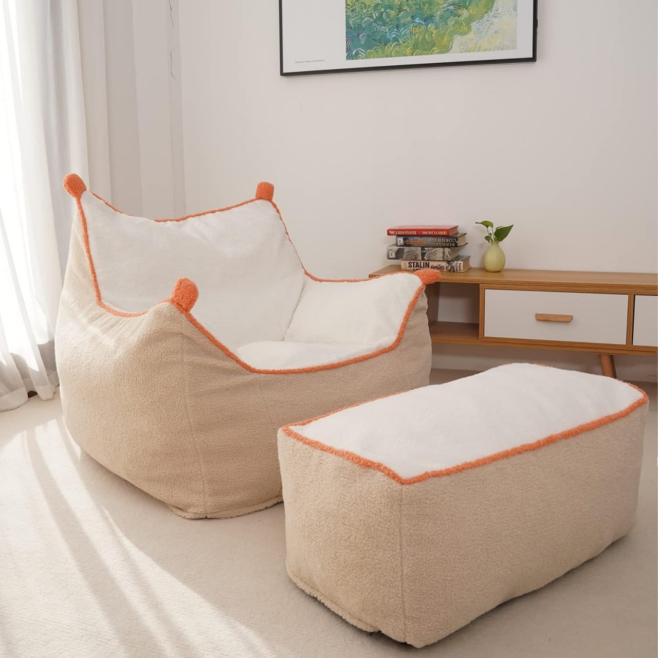 N&V Bean Bag Chair Giant High-Density Foam Filling Sofa with Foot Stool Includes Removable and Machine Washable Cover for Teens, Adults to Gaming, Reading, and Watchin