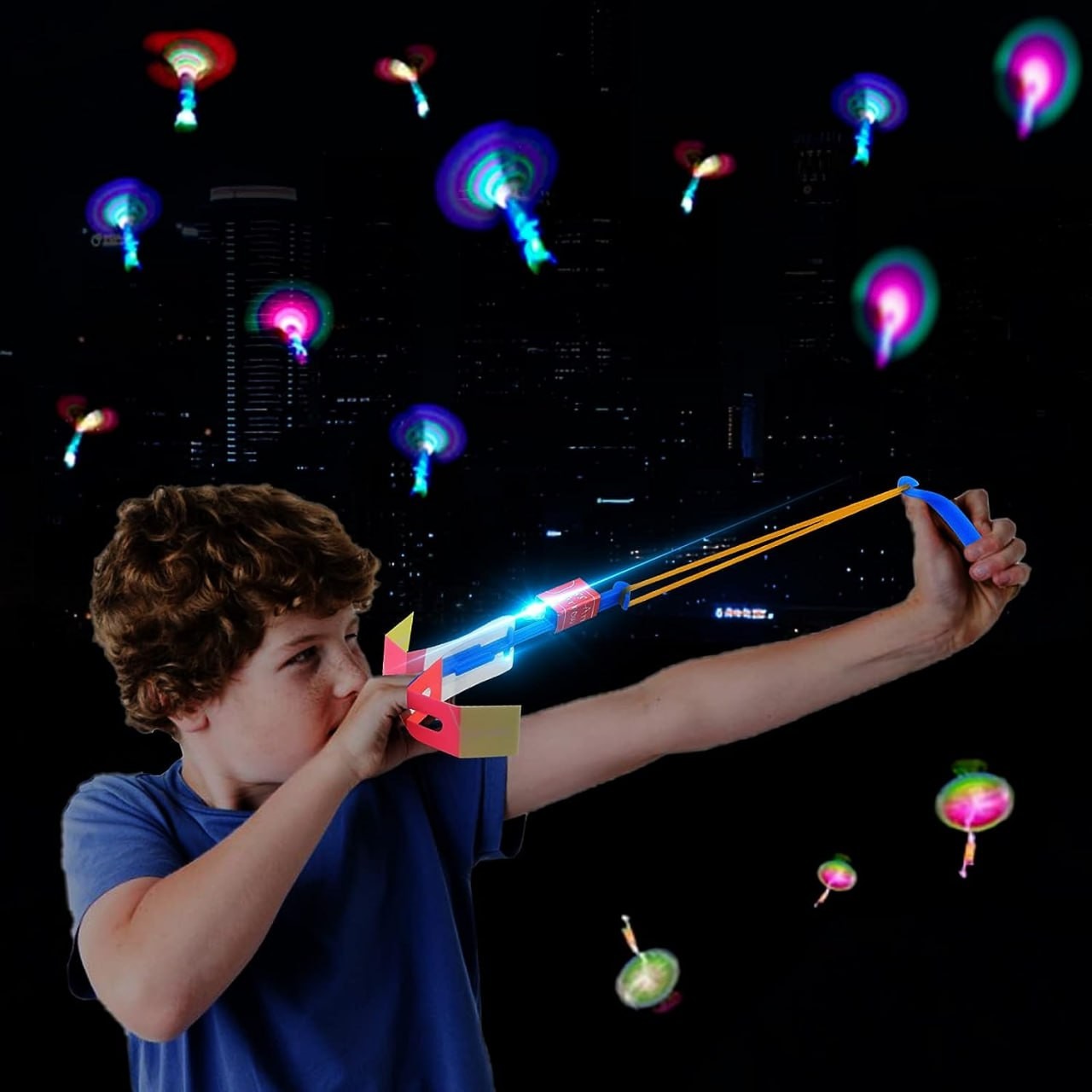 LOMIMOS 50Pcs LED Flying Set, 25 Slingshot+25 Helicopter Outdoor Toy Glow in The Dark Party Supplies Favor for Kids Children