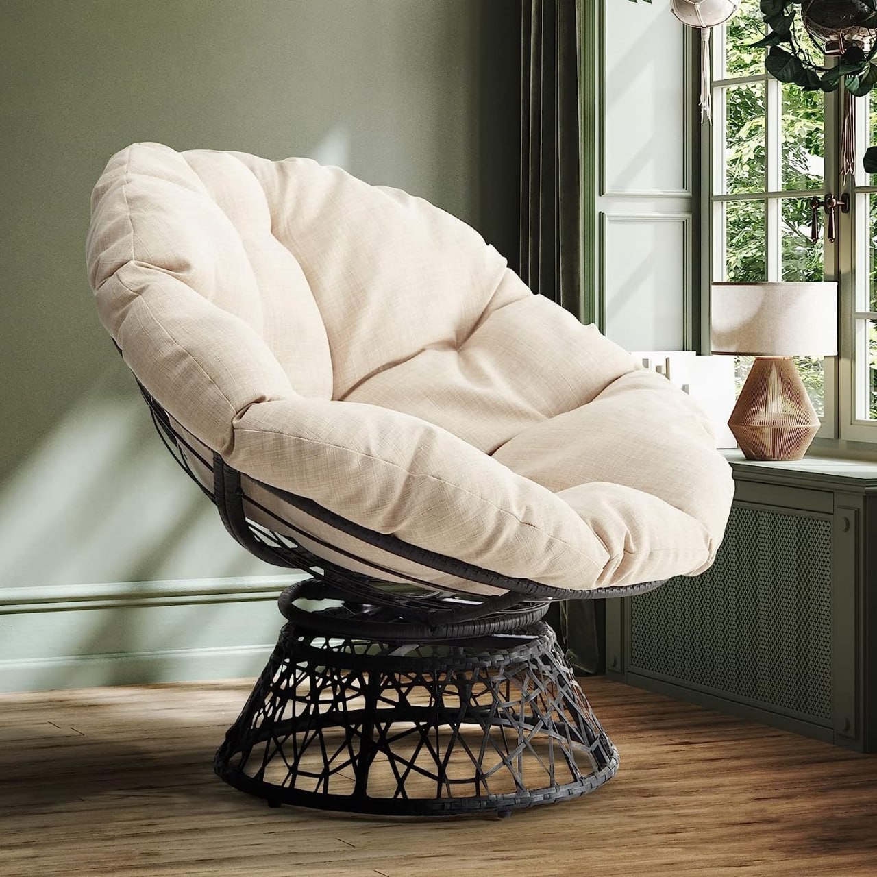 Bme Ergonomic Wicker Papasan Chair with Soft Thick Density Fabric Cushion, High Capacity Steel Frame, 360 Degree Swivel for Living, Bedroom, Reading Room, Lounge, Sepia