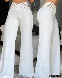 Elegant High Waist Flared Women Pants Office Casual Crisscross Sheer Mesh Patch Mesh Patch Casual Trousers Women Clothes