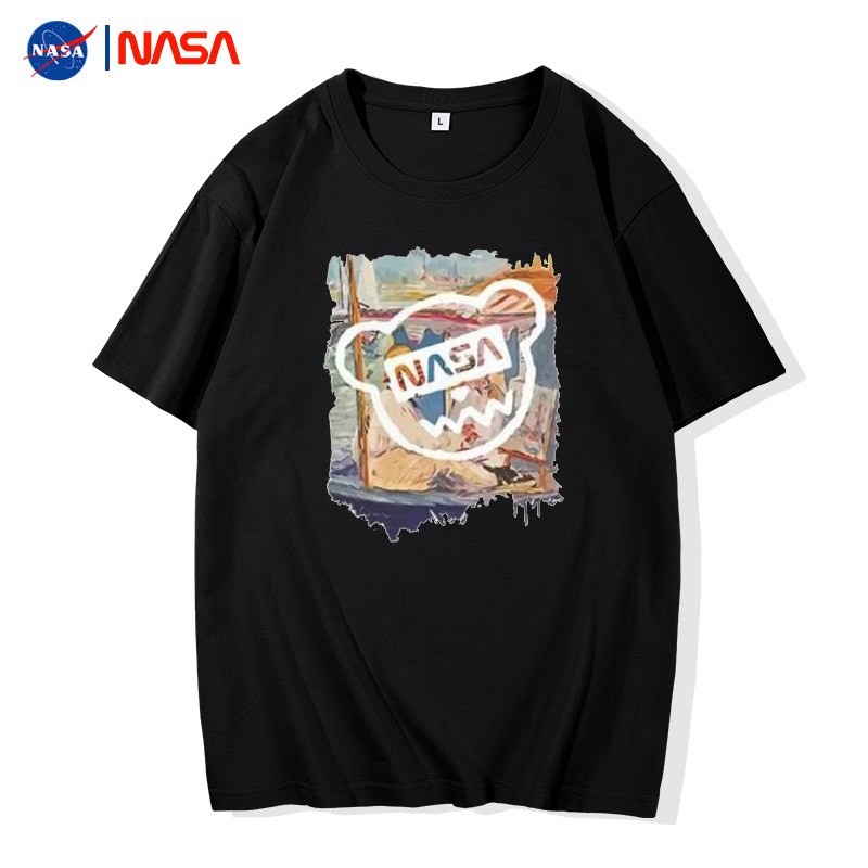 NASA flagship store pure cotton men's short-sleeved t-shirt summer trendy brand T-shirt casual Hong Kong style half-sleeve couple tops black XL