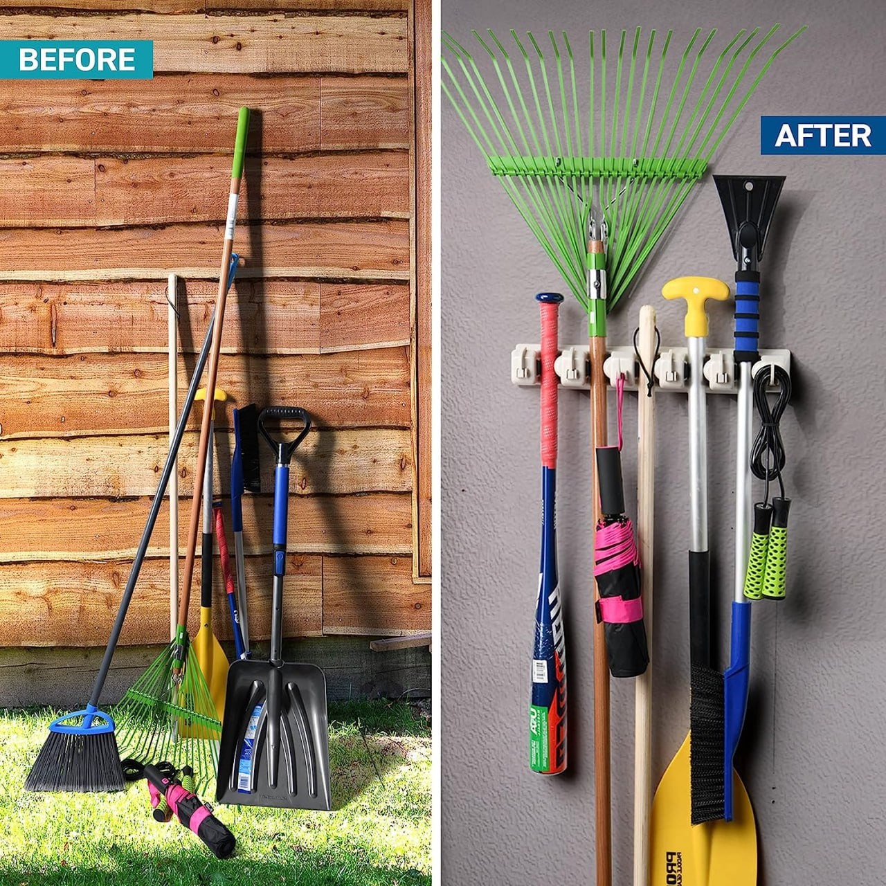 HOME IT Mop And Broom Holder - Garage Storage Systems with 5 Slots, 6 Hooks, 7.5lbs Capacity Per Slot - Garden Tool Organizer For 11 Tools - For Home, Kitch