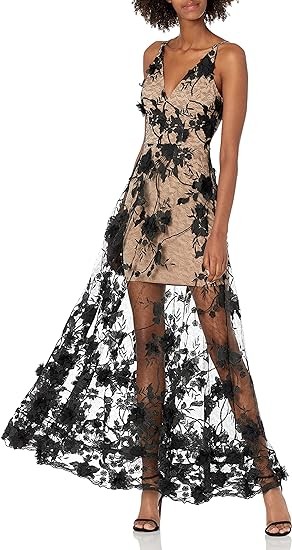Dress the Population Women's Embellished Plunging Gown Sleeveless Floral Long Dress