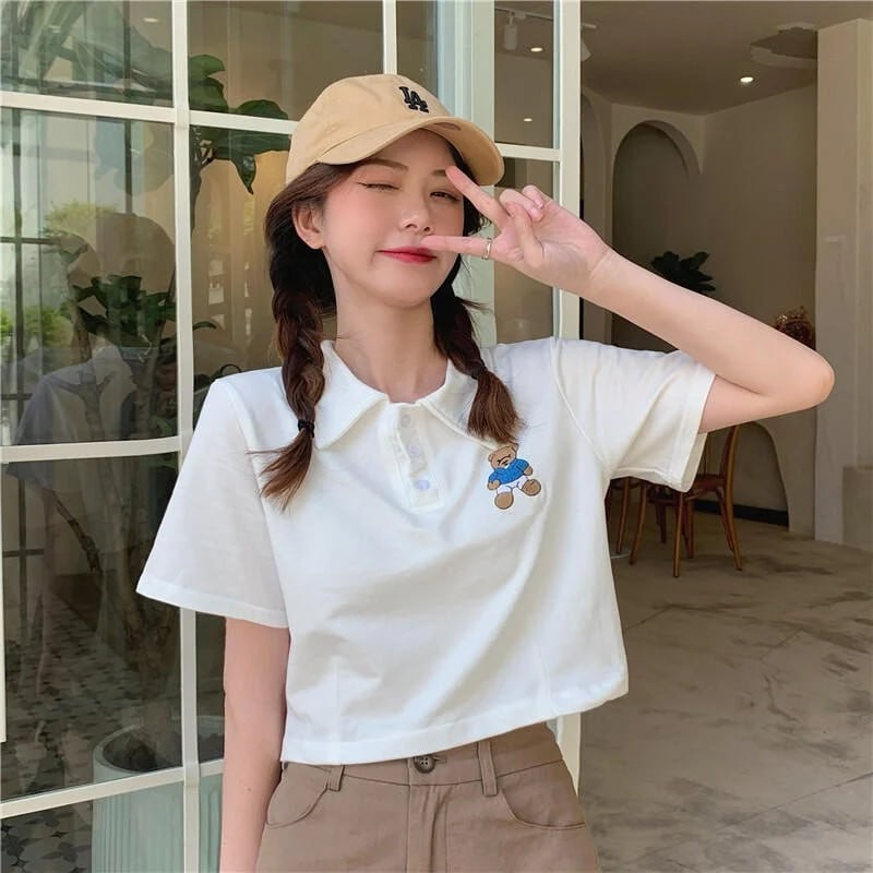 Cocoa bear embroidered t-shirt women short version short version women's Korean version sweet and spicy style polo collar high waist slim navel short-sleeved t-shirt s