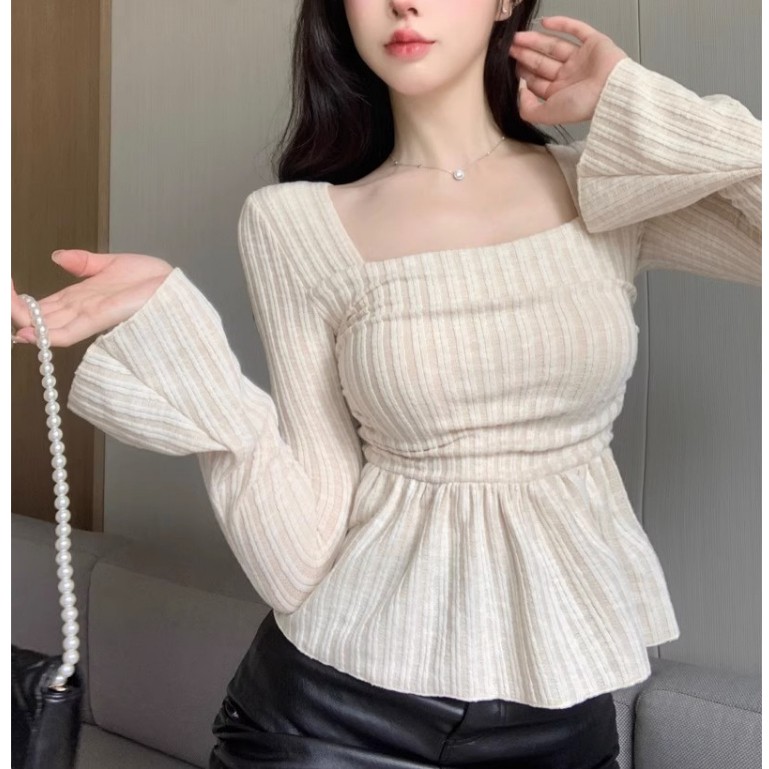 Korean retro square neck long-sleeved shirt elegant trumpet sleeve slim crop top for woman#1215