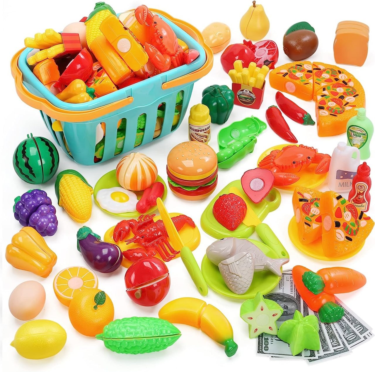 HOLYFUN 100 PCS Cutting Play Food Toy for Kids Kitchen, Pretend Fruit & Vegetables Accessories with Shopping Basket, Plastic Mini Dishes, Play Money, Perfect Educational Toy