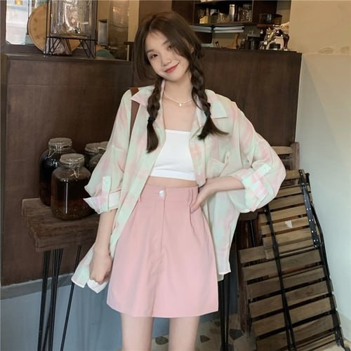 price! Spring cotton and linen plaid shirt temperament sweet sunscreen shirt + high waist A-line skirt