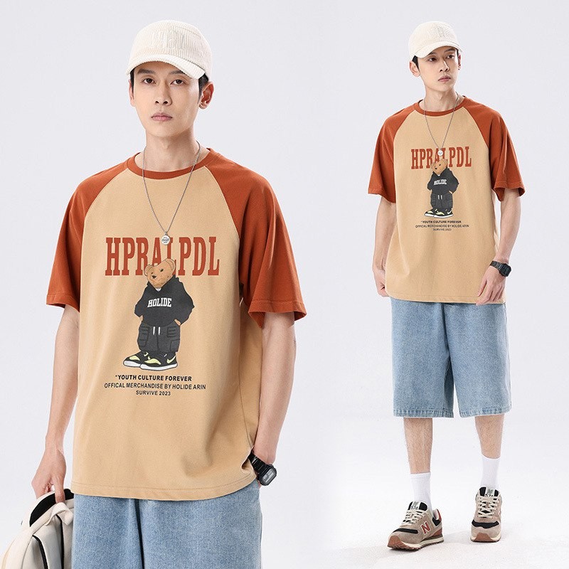 Fu Maozhen American high street short-sleeved men's T-shirt summer new couple cartoon bear print loose cotton T-shirt
