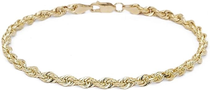 PORI JEWELERS 14K Gold 4MM Diamond Cut Rope Chain Anklet- Sizes 10 - Choose Your Color…