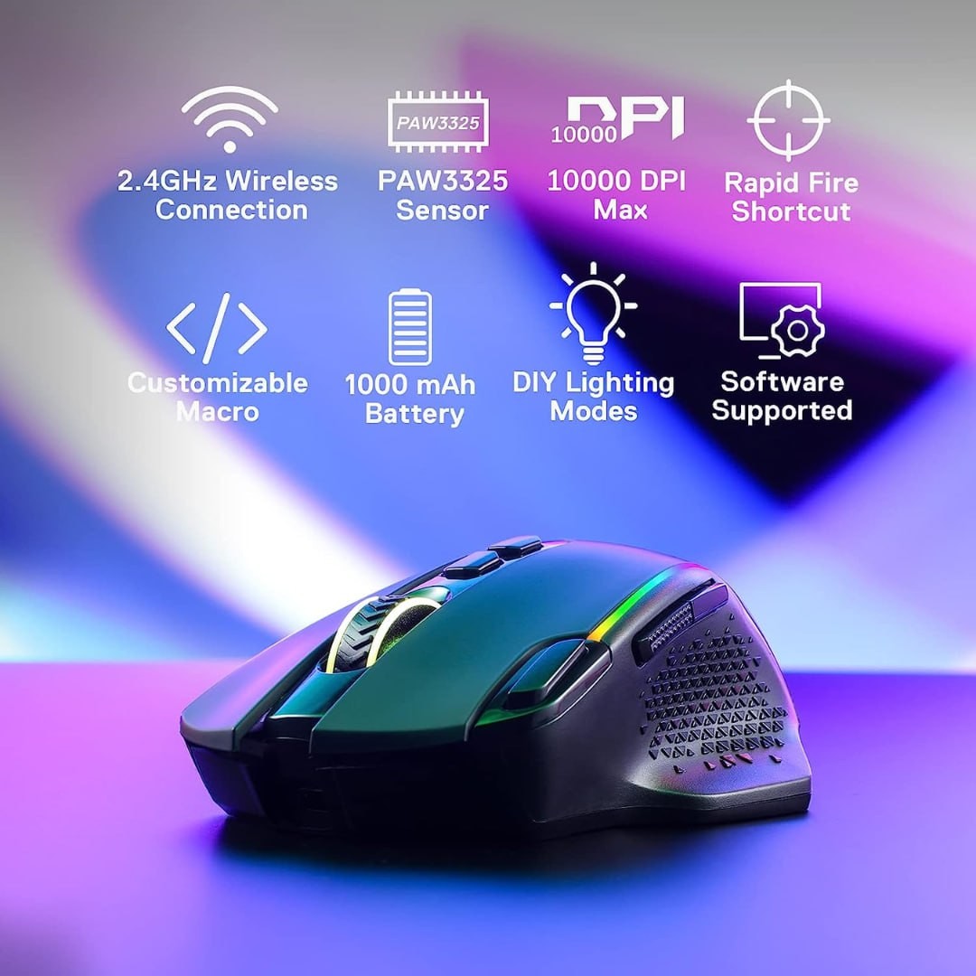 Redragon M810 Pro Wireless Gaming Mouse, 10000 DPI WiredWireless Gamer Mouse wRapid Fire Key, 8 Macro Buttons, 45-Hour Durable Power Capacity and RGB Backlit for PCMacLaptop