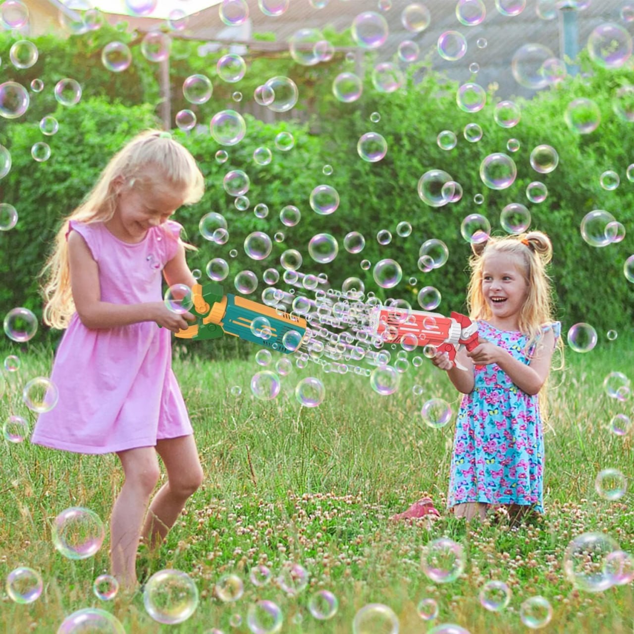 LAYPUNY Bubble Maker 12 Hole Kid Bubble Gun with 2 Bubble Solutions (60ml) Automatic Bubble Machine for Children Kid Outdoor Party Birthday Gift Bubbles Toys (Gree