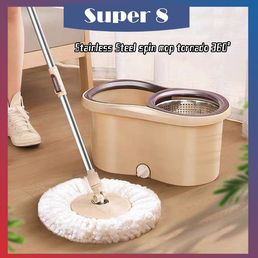 Stainless Steel Rotary Mop bucket spin mop tornado 360° Wet and Dry Fiber Mop Mop cloth Super8