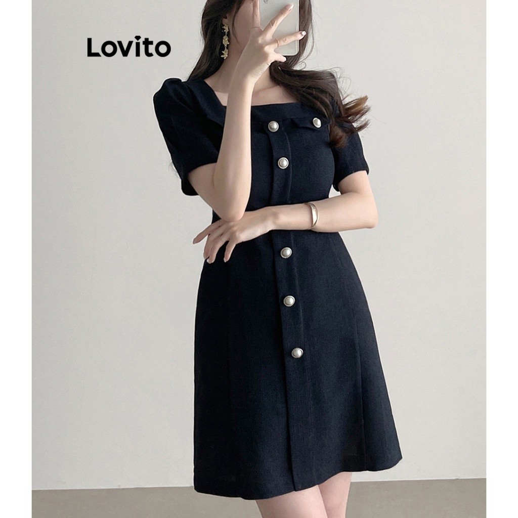 Lovito Women Casual Plain Pearls Fake Pocket Dress LNE33129 (Green/Navy Blue)