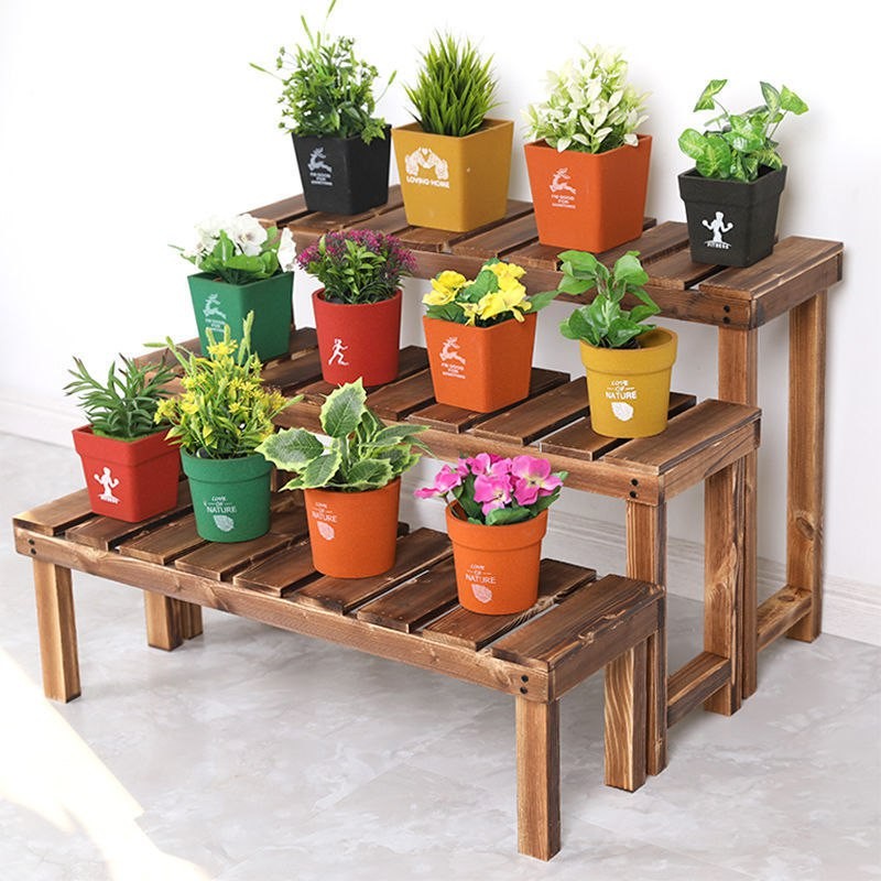 Flower shop display stand carbonized anti-corrosion solid wood flower stand single-layer flower a few feet step stool succulent indoor and outdoor multi-layer special offer