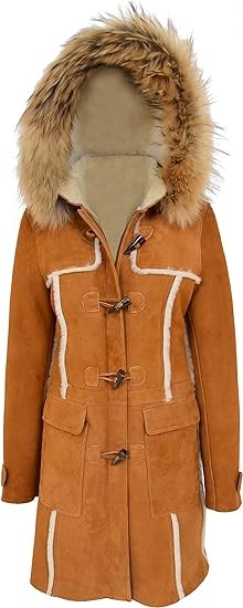 A1 FASHION GOODS Womens Genuine Sheepskin Cognac Duffle Coat 3/4 Long Hooded Shearling Jacket Evie