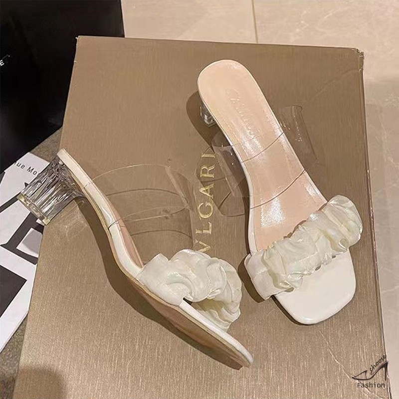 [CF] Sandals for Women Transparent Crystal Block High Heels Ankle Shoes
