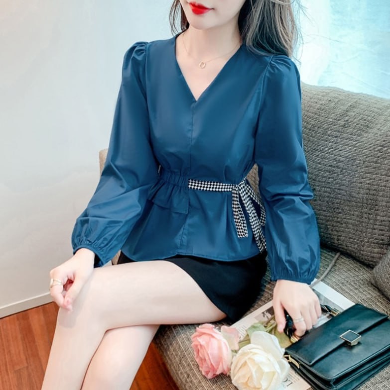 long sleeve ormal white formal blouse for women plus size,Vintage Black Plaid Slim Fit V Neck Bow Lantern Sleeve Single Row Multi-Buckle