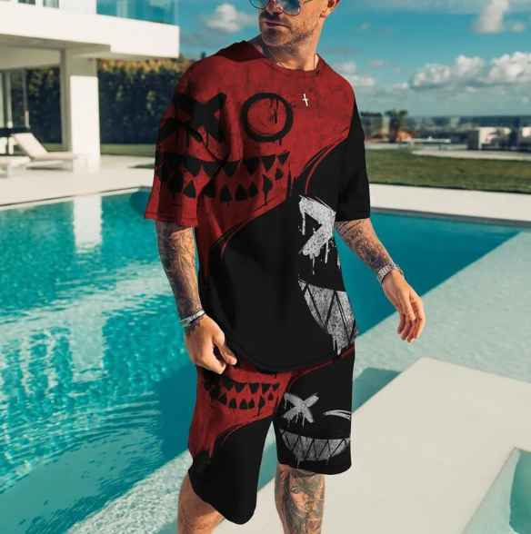 Fashion Men's 2 Two-Piece 3D Printed Colorful Smiling Face Men's T-shirt Set Clothing Summer T-shirt Set Street Clothing