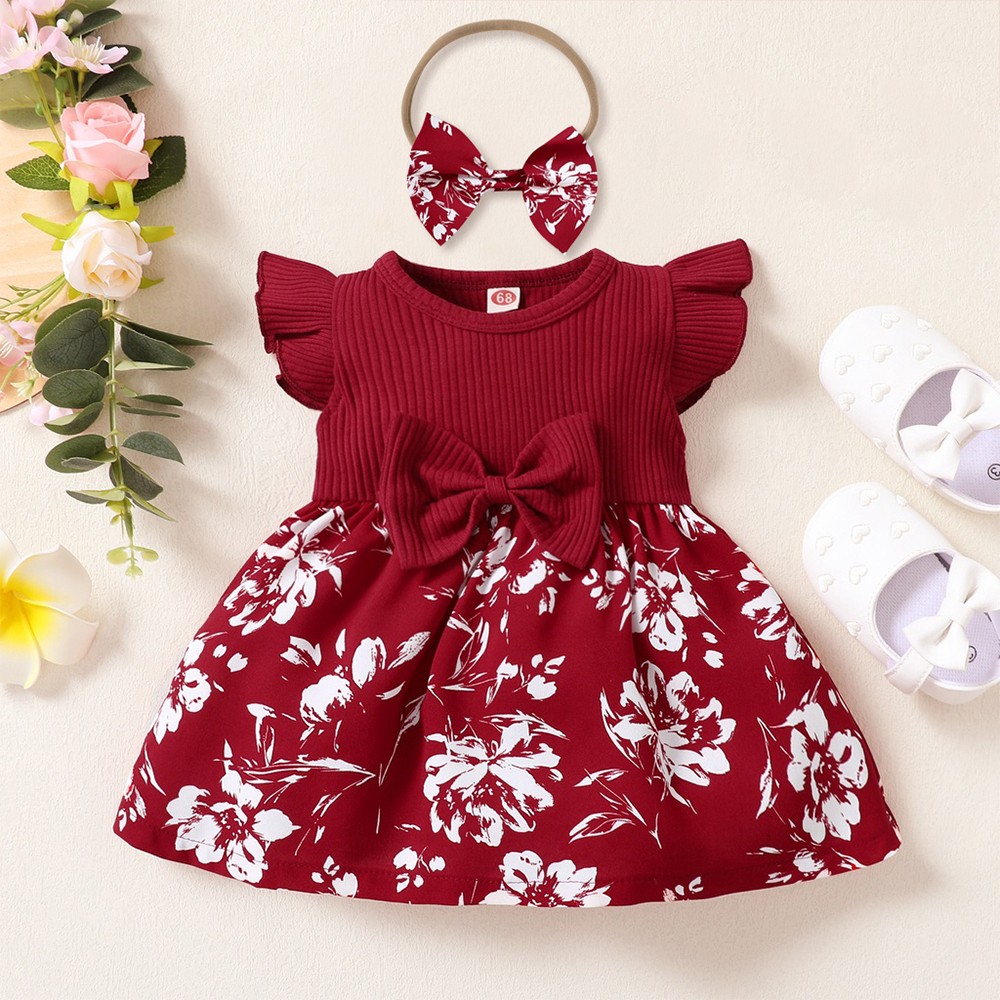 BCBL Baby Girl Dress For 1 Year Old Red Set With Headband Shoes Socks Girls Floral Short Sleeve Summer Newborn